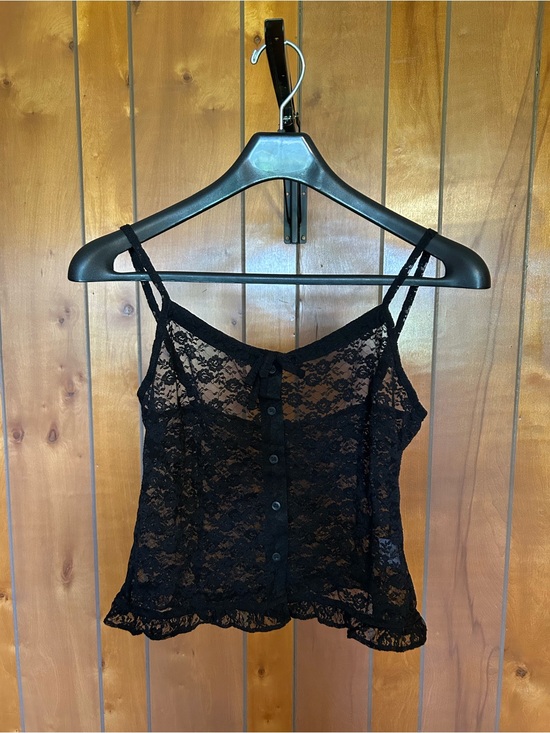 Brandy Melville Tops - Brandy Melville Lace Tank‎ Women One Size Black NWT Sheer Button Front Ruffle